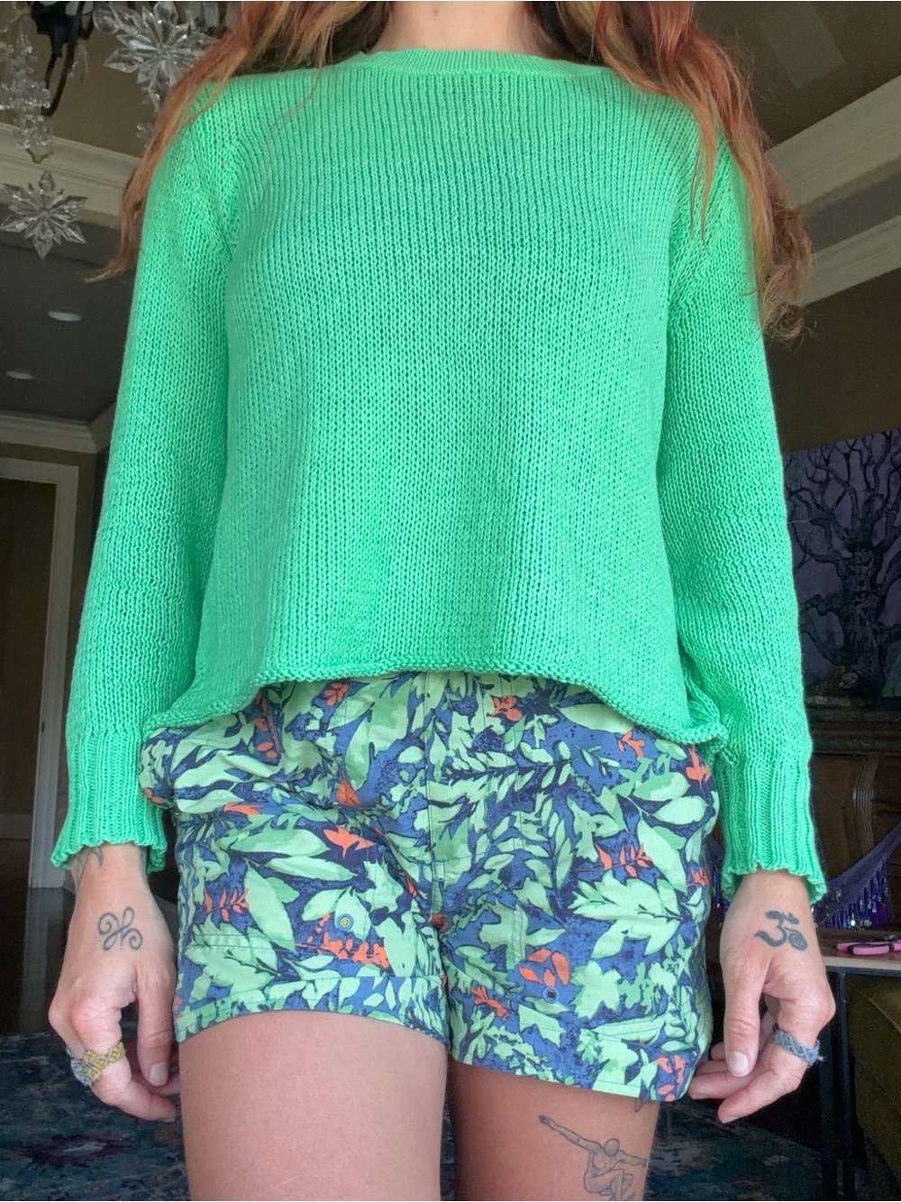 Bright Seafoam Green Knit Sweater with Tropical Print Shorts